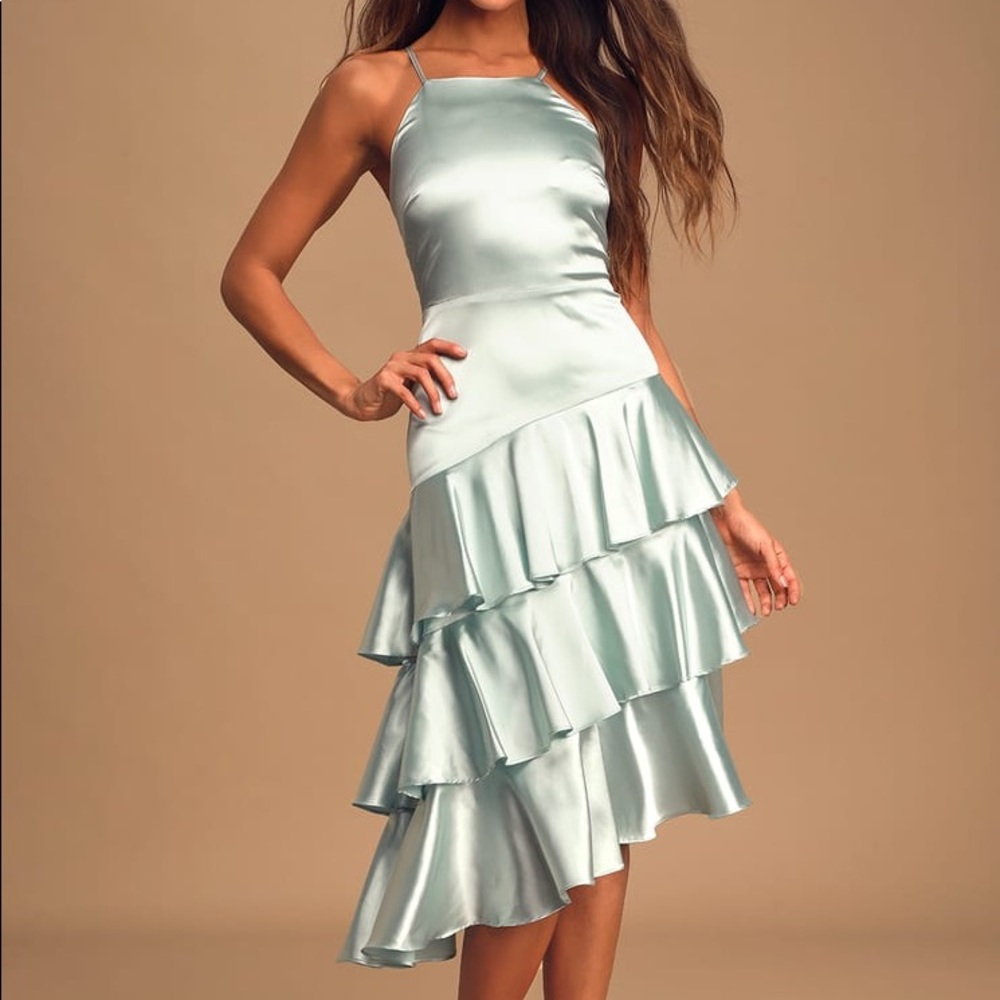LULU’S Mint Blue Satin Asymmetrical Dress
